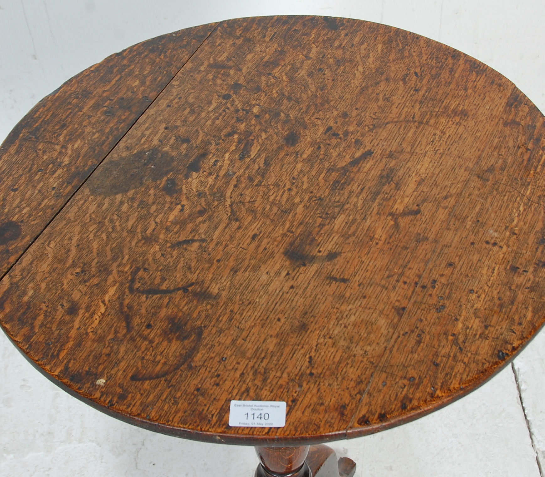 A 19th Century oak pedestal wine table having a round top with turned knopped column raised on a - Image 4 of 4