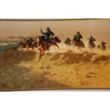 A good framed and glazed print by Frank C. McCarthy entitled "Leading The Charge'. Paper label to