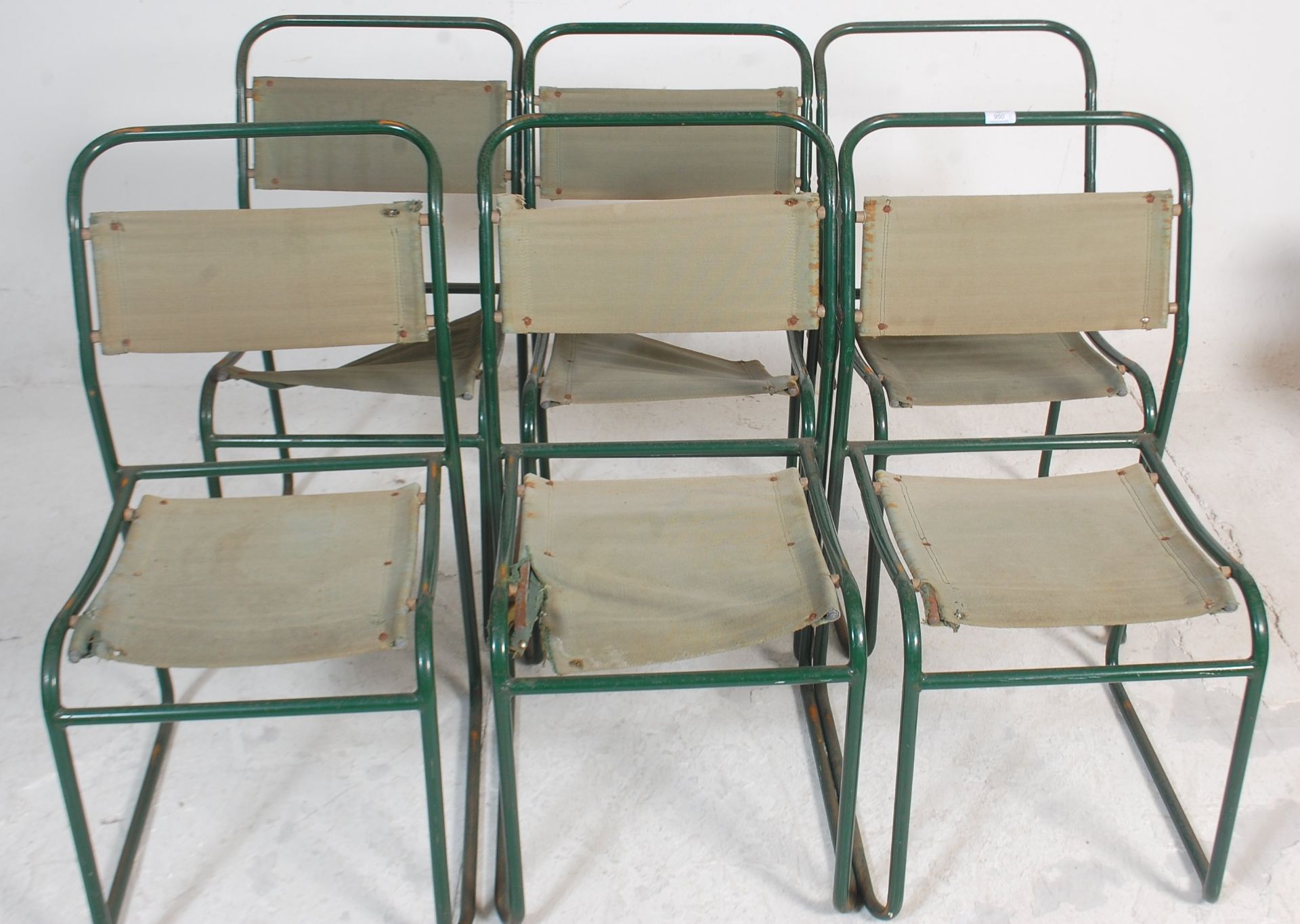 A group of six 20th Century vintage industrial military style tubular framed chairs having green - Bild 2 aus 3