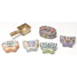 A collection of 20th Century enamelled pill / trinket boxes to include four boxes in the form of