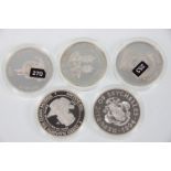 A group of five fine silver proof coins for the Queen Elizabeth The Queen Mother collection to