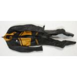 A set of vintage Kett bikers / motorbike leathers, having a zip fasting with yellow panel detailing,