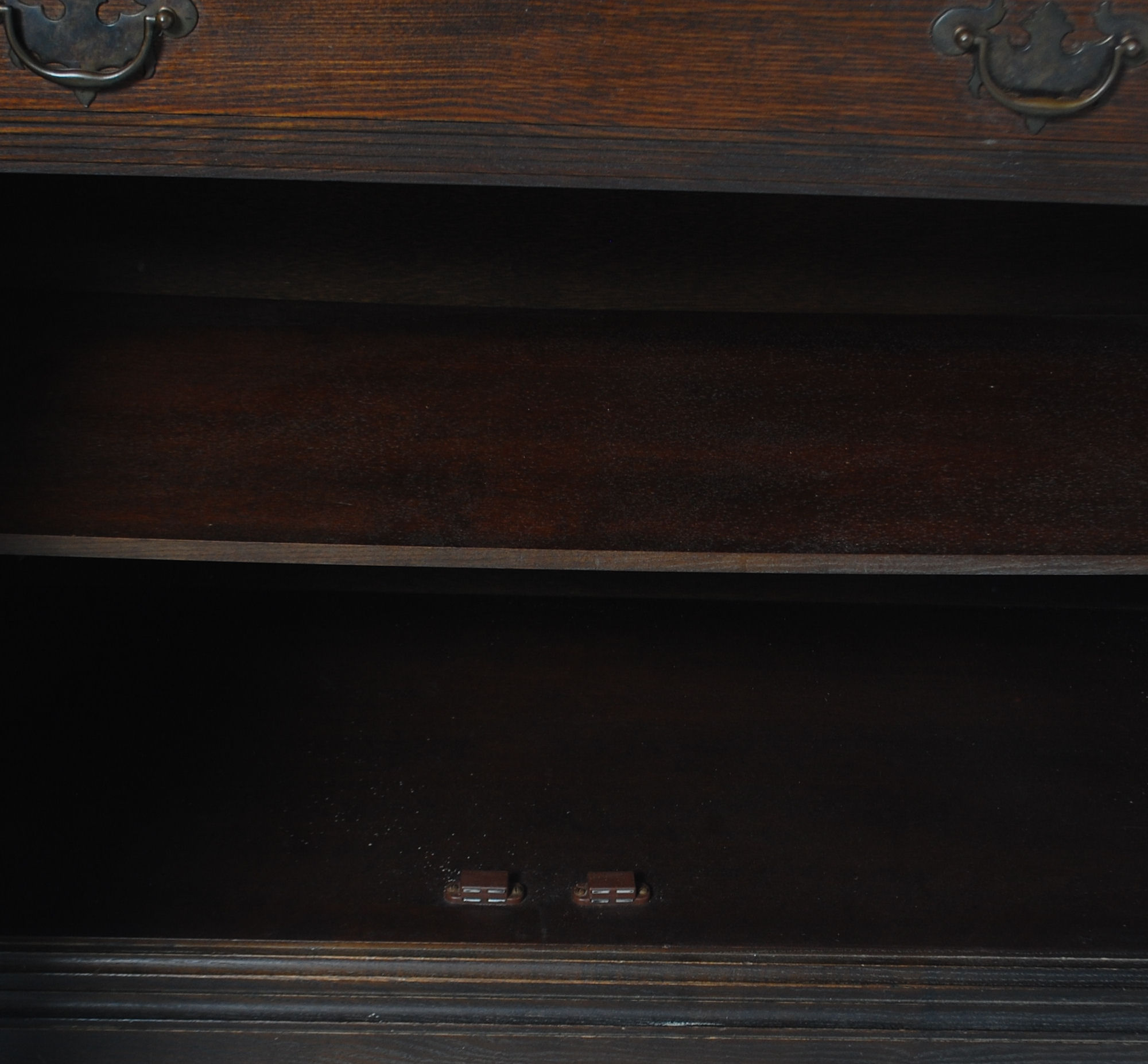 A mid century Spanish influence large carved oak sideboard / dresser base with portcullis relief - Image 7 of 9