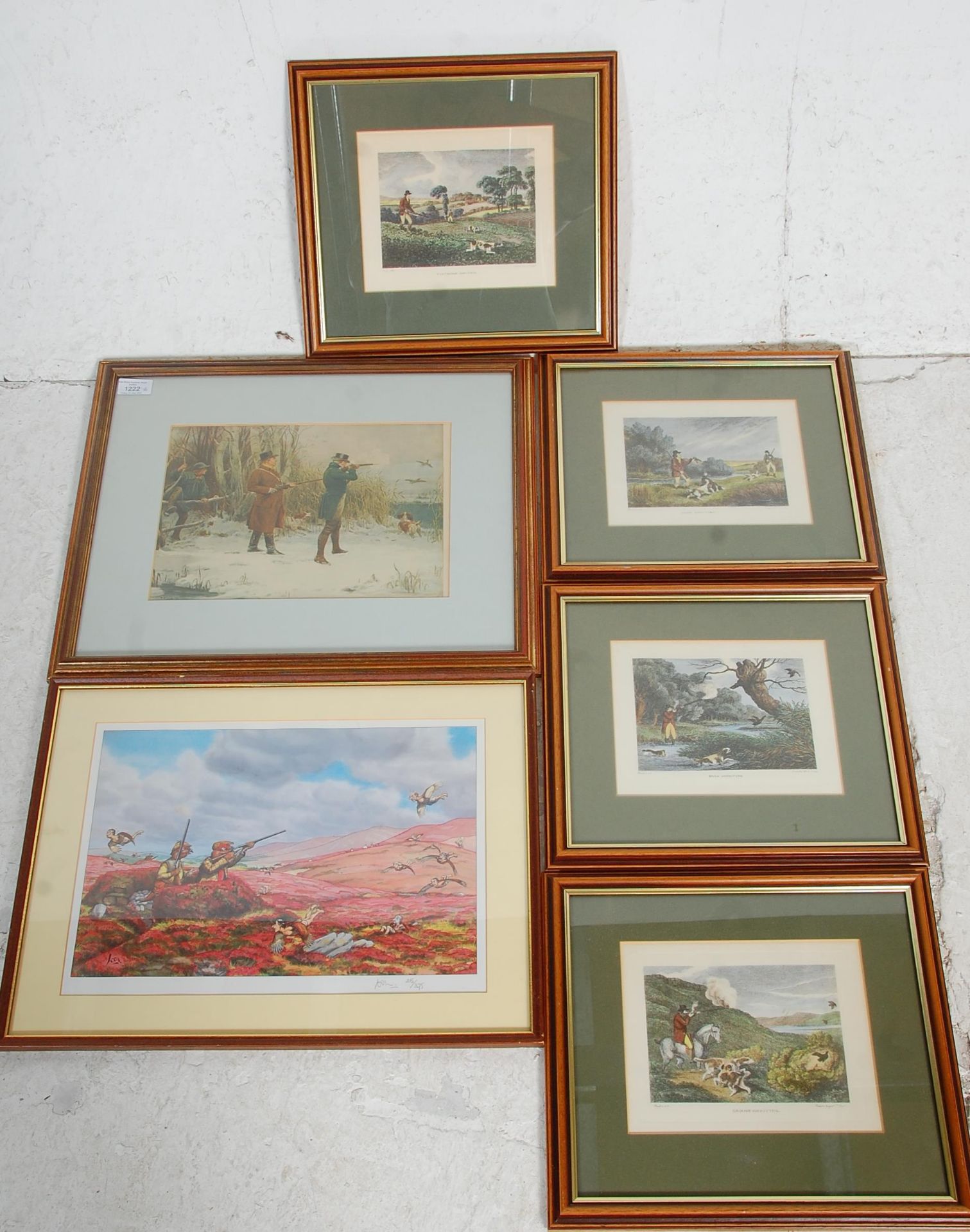 A mixed group of six shooting prints to include a series of four hunting prints signed in pencil,