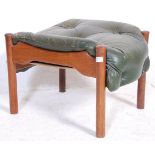 A vintage retro mid 20th Century teak wood framed ottoman footstool having green leather buttoned