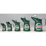A good group of five graduating Castrol advertising oil measure jugs finished in green.