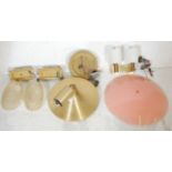A mixed group of retro light fittings and fixtures to include a glass pink shade, brass rise and