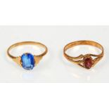 Two 9ct yellow gold ladies rings. One set with an oval faceted cut red stone to decorative pierced