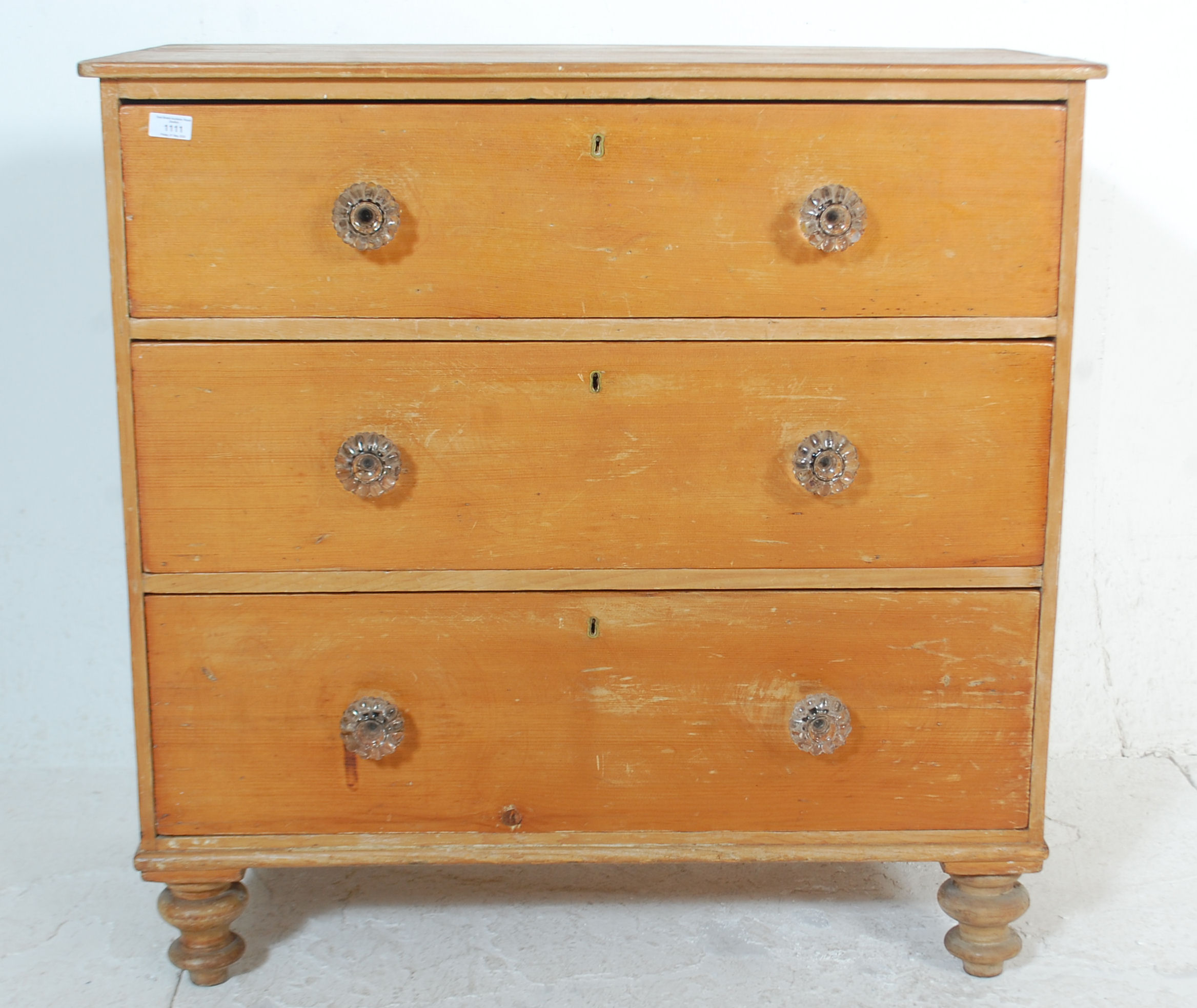 A Victorian pine cottage small chest of drawers being raised on bun feet with glass handles to the 3 - Image 3 of 7