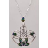 A stamped sterling silver pendant necklace having a Art Nouveau knot design pendant with enamelled