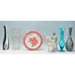 A collection of mid Century retro studio art glass and pottery to include a Czech glass vase for