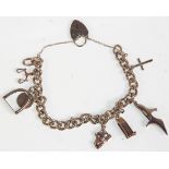 A silver charm bracelet having a heart padlock clasp. Adorned with various charms to include a