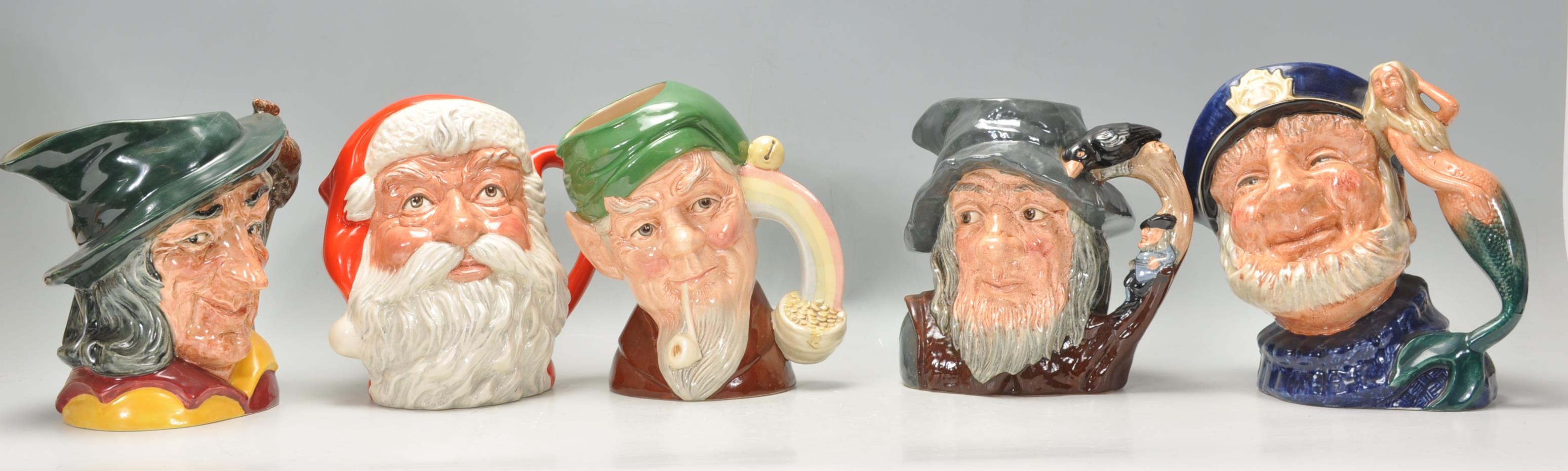 A group of five Royal Doulton ceramic character jugs to include the Pied Piper D6403, Old Salt