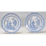 Two 18th Century Chinese blue and white plates decorated with precious objects of octagonal form