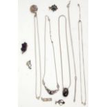 A mixed group of ladies silver necklace chains and pendants to include box link and snake chain