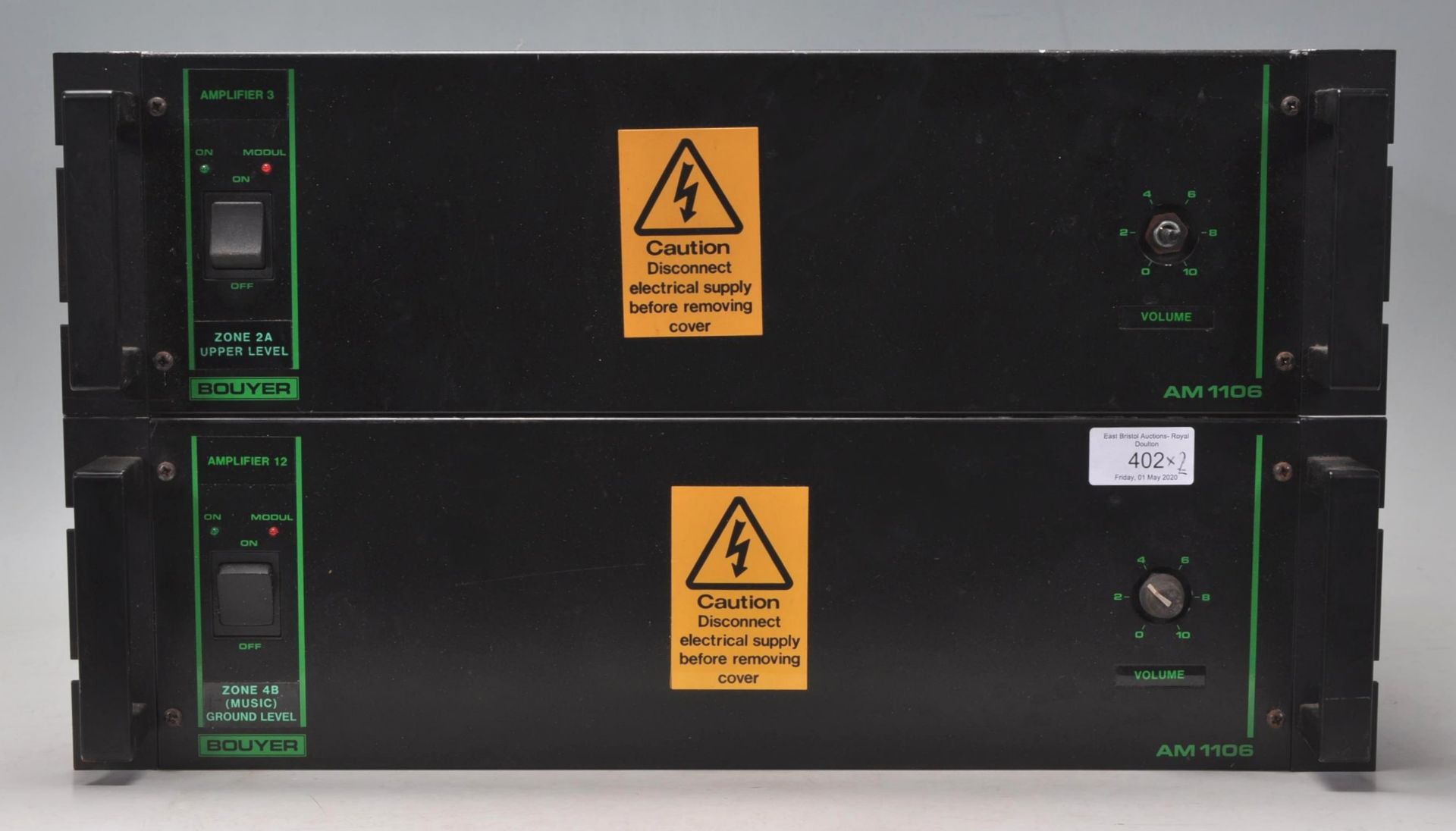 A pair of vintage Bouyer Ampli 100w AM 1106-a power amplifiers, marked 24V Fus T10A, No. 09100751.