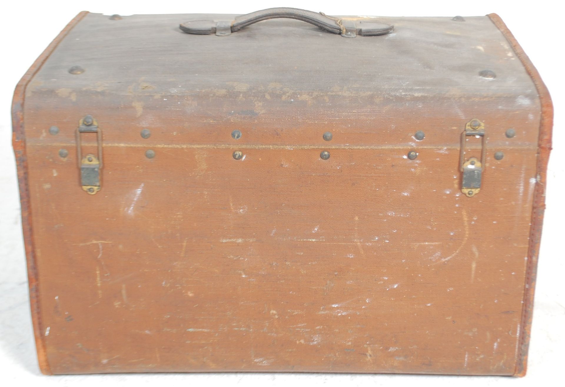 A vintage early 20th Century travelling trunk bound in brown canvas with painted initials WT and a - Bild 5 aus 8