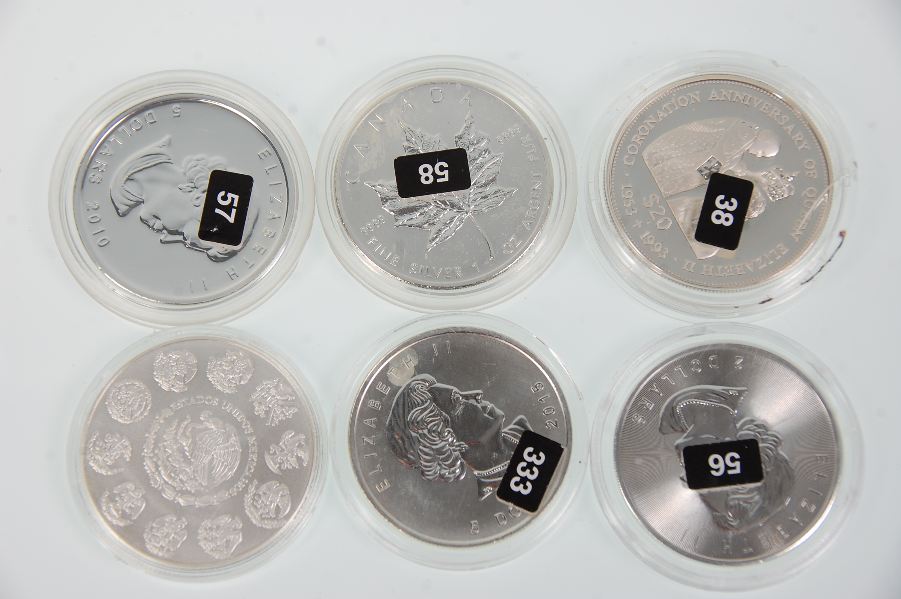 A mixed group of six fine silver coins to include a 1993 Tuvalu $20 Anniversary coin, 1Oz 2015