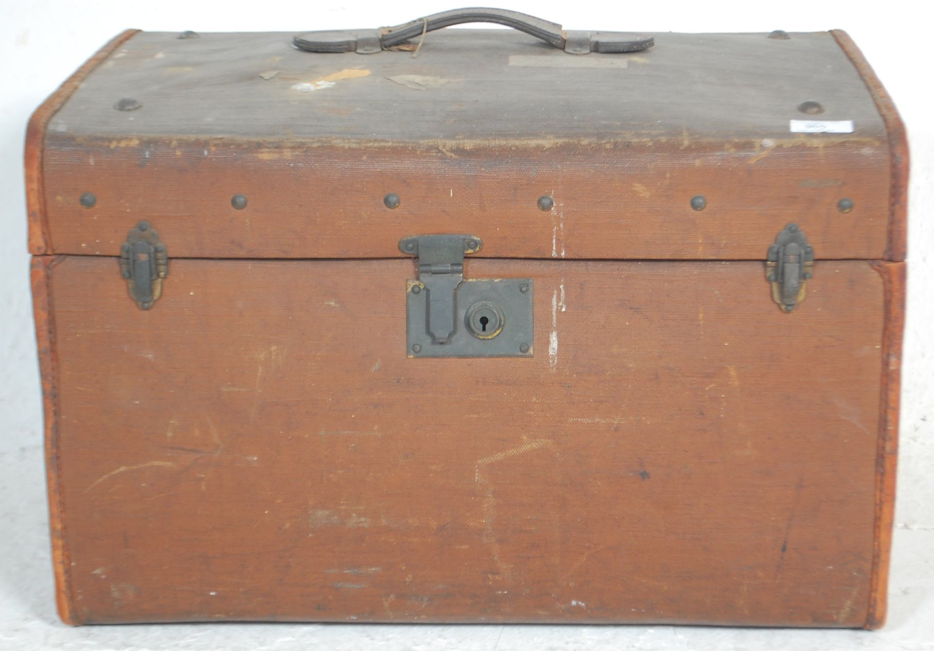 A vintage early 20th Century travelling trunk bound in brown canvas with painted initials WT and a - Bild 2 aus 8