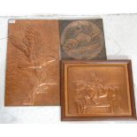 A mixed group of three retro 20th Century hand worked copper panels to include one of an eagle