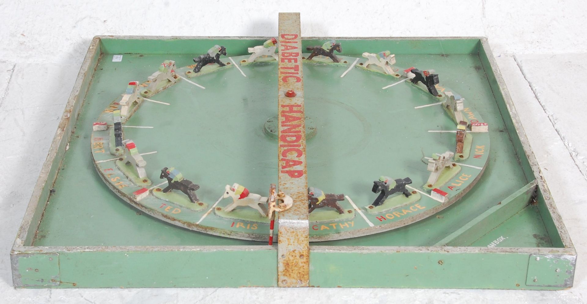 A vintage retro 1970's wall mounting charity fairground spinning horse racing game, constructed from - Bild 5 aus 7