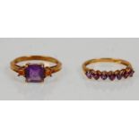 Two hallmarked 9ct yellow gold ladies rings. One set with a row of seven round faceted cut purple