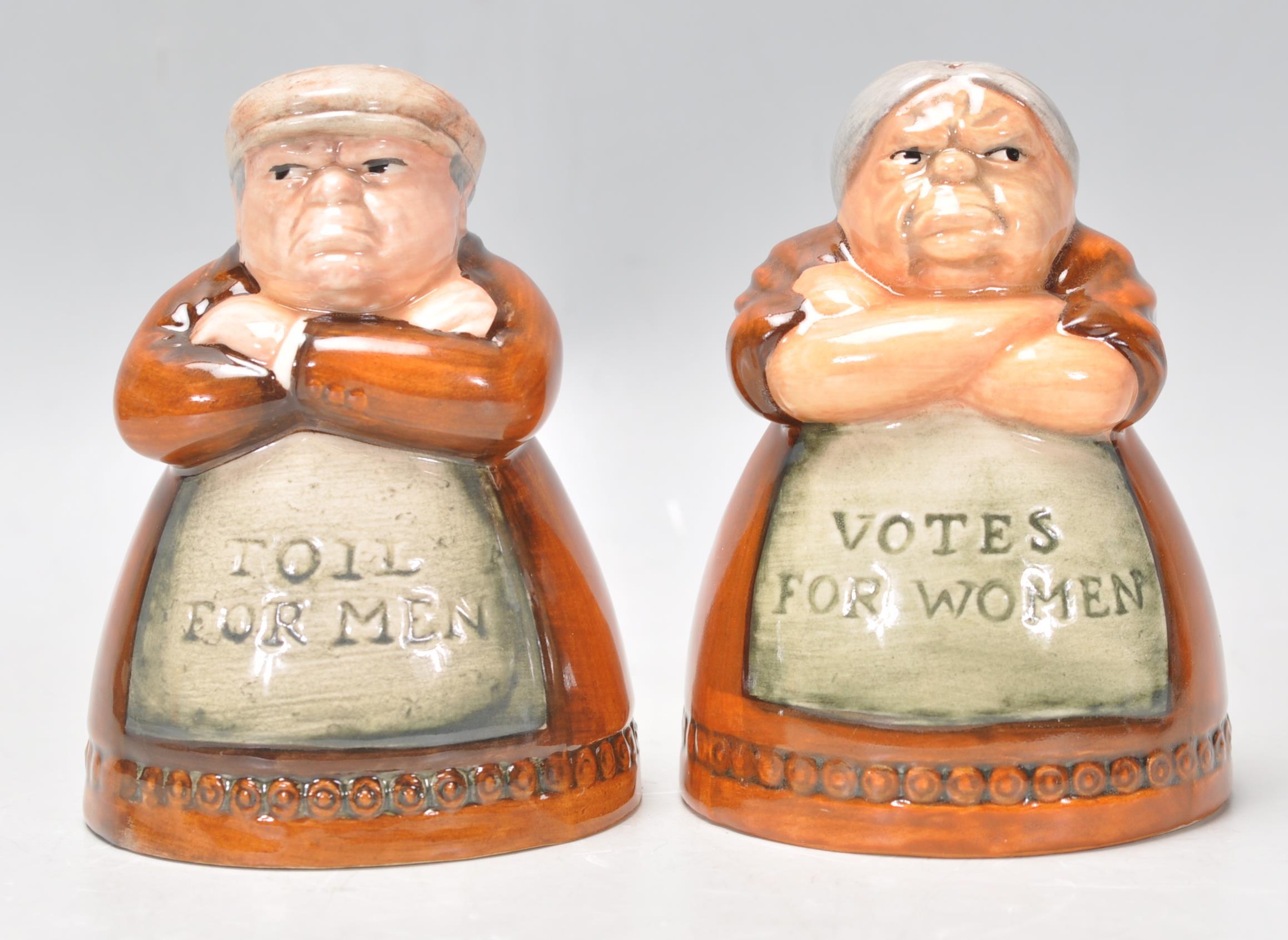 A pair of Royal Doulton salt and pepper pots entitled 'Votes for Women' and 'Toil for Men', D7066 - Image 2 of 6