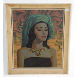 A vintage retro Tretchikoff ' Balinese Girl ' print depicting a portrait of a woman wearing a head