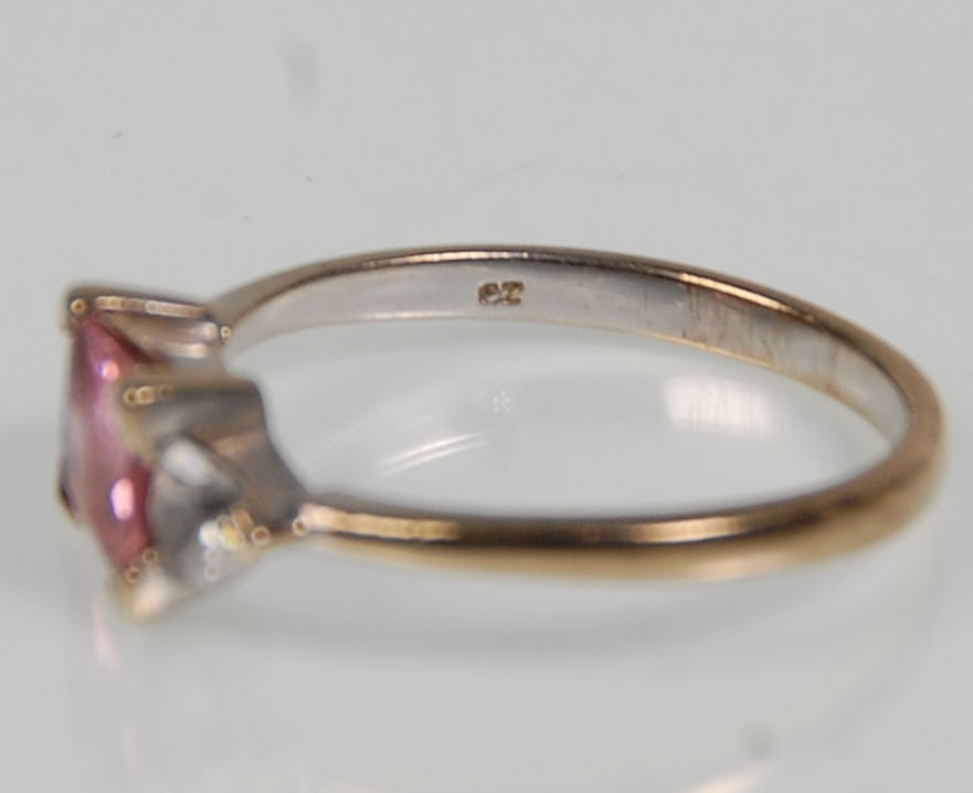 Two 9ct white gold ladies rings. One set with a square cut pink stone flanked by CZs. Hallmarked for - Image 8 of 14