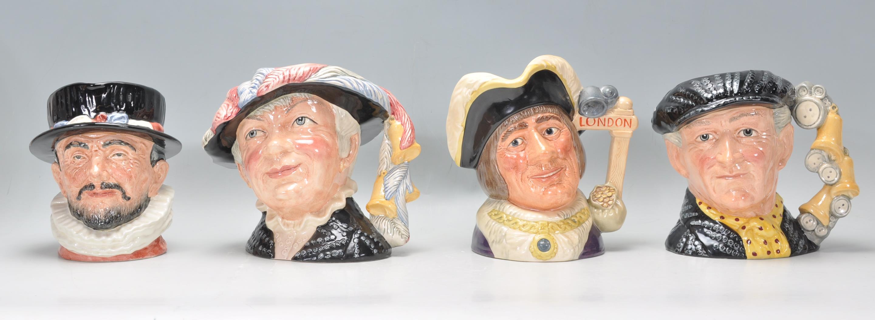 A group of four Royal Doulton ceramic Character / Toby jugs to include Beefeater D6206, Pearly Queen