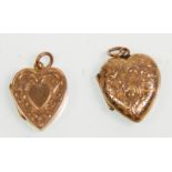 Two vintage 9ct gold back and front heart lockets with both having engraved scroll and floral