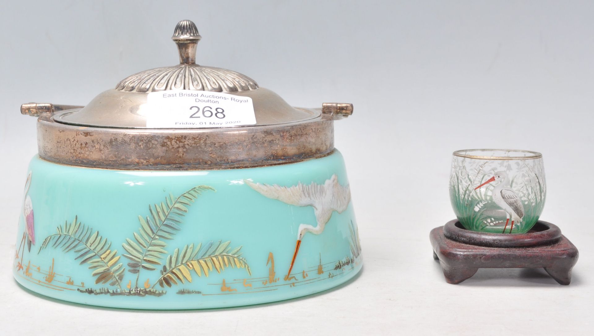 A 19th Century Victorian antique opaline glass lidded jar having blue body with hand enamelled