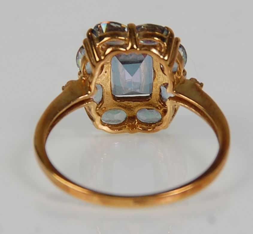 Two 9ct yellow ladies dress rings. One set with a large square faceted cut blue stone surround by - Image 6 of 12