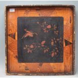 A good vintage 20th Century Chinese lacquered tray having inlaid border around a black panel