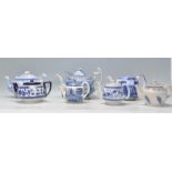 A collection of 19th Century antique blue and white tea pots to include a Shelley Chinoiserie