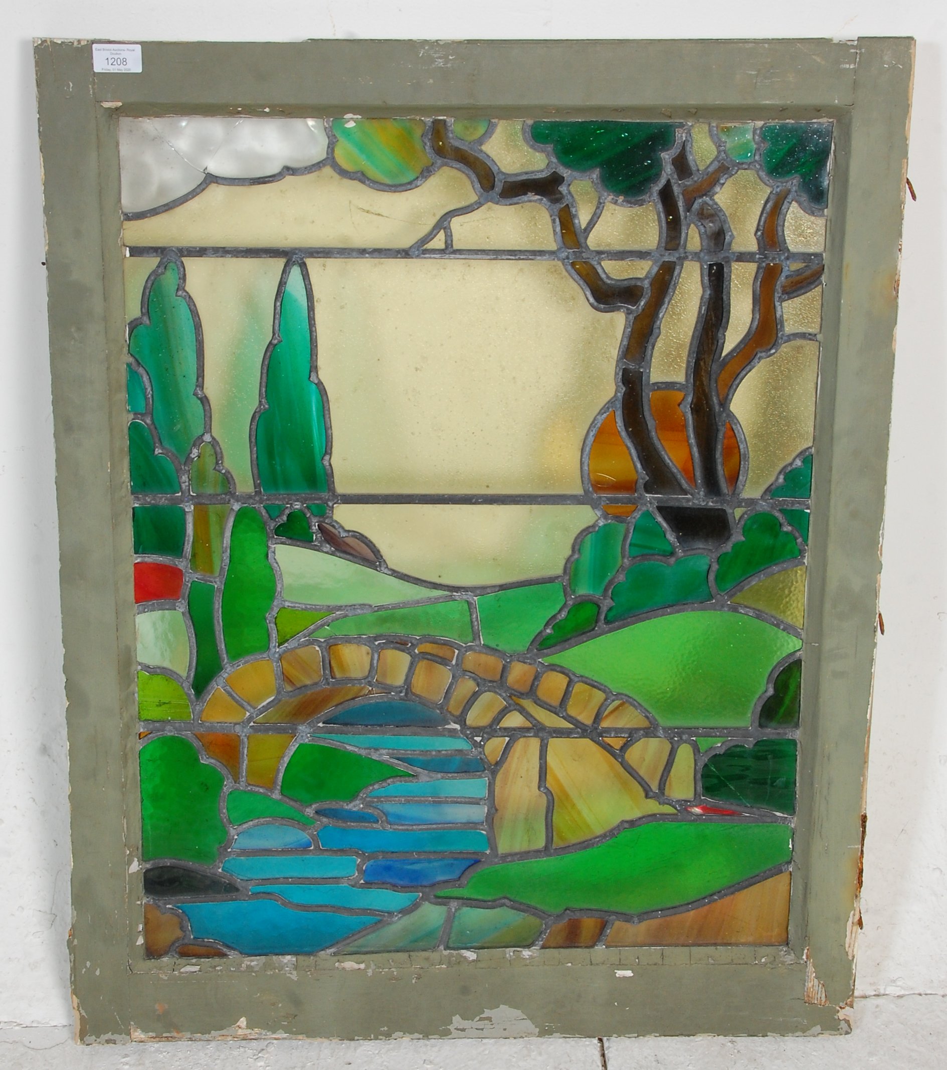 A good 19th Century Victorian lead lined stained glass window depicting the rolling hills of the