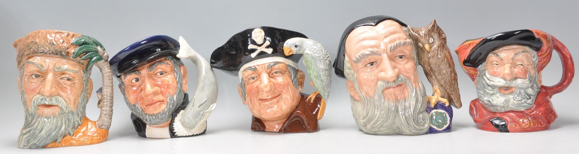 A group of five Royal Doulton character jugs to include Robinson Crusoe D6532, Captain Ahab D6500,