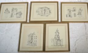 A group of five framed and glazed pencil sketch pr