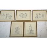 A group of five framed and glazed pencil sketch pr