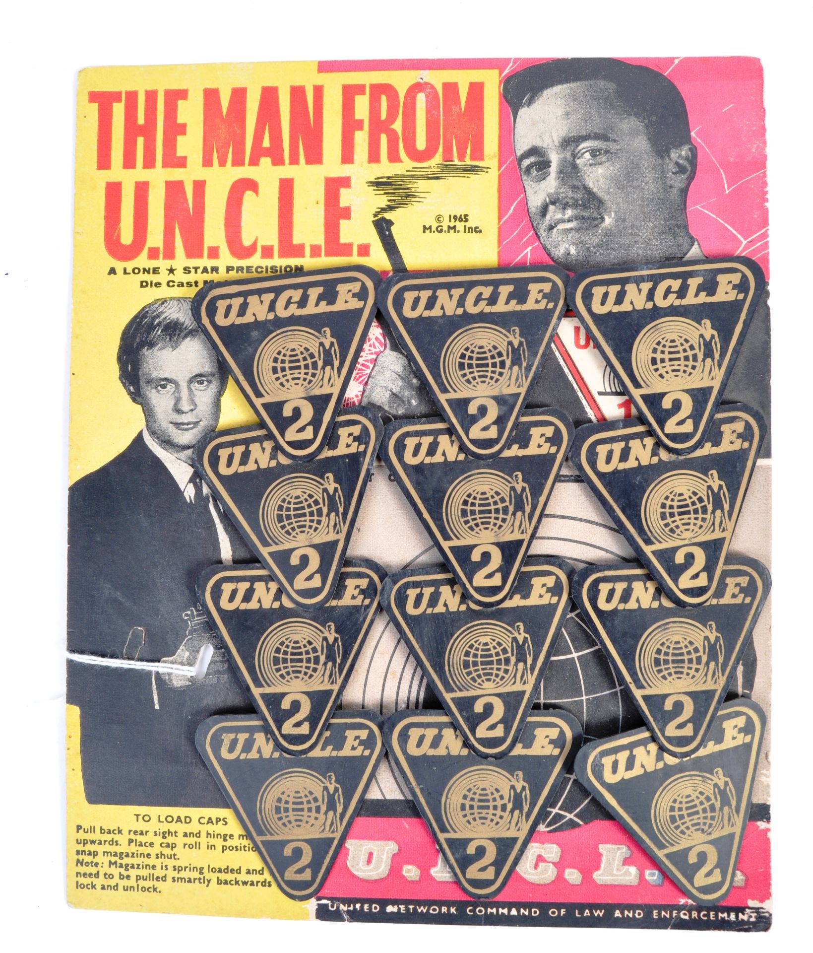 ORIGINAL 1960'S EX SHOP STOCK ' THE MAN FROM UNCLE ' NO.2 BADGES