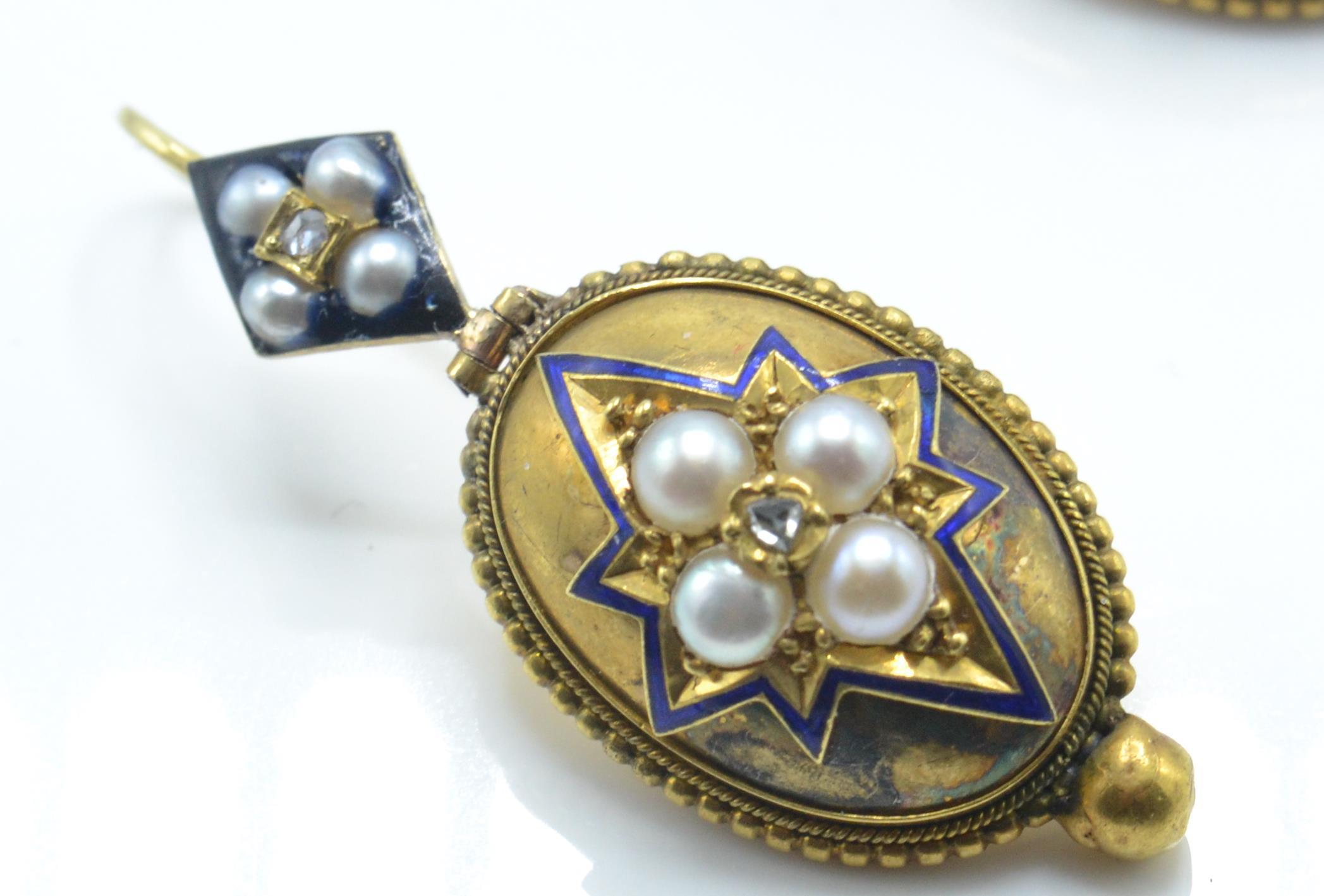 A pair of antique gold, pearl and enamel diamond drop earrings - Image 4 of 6