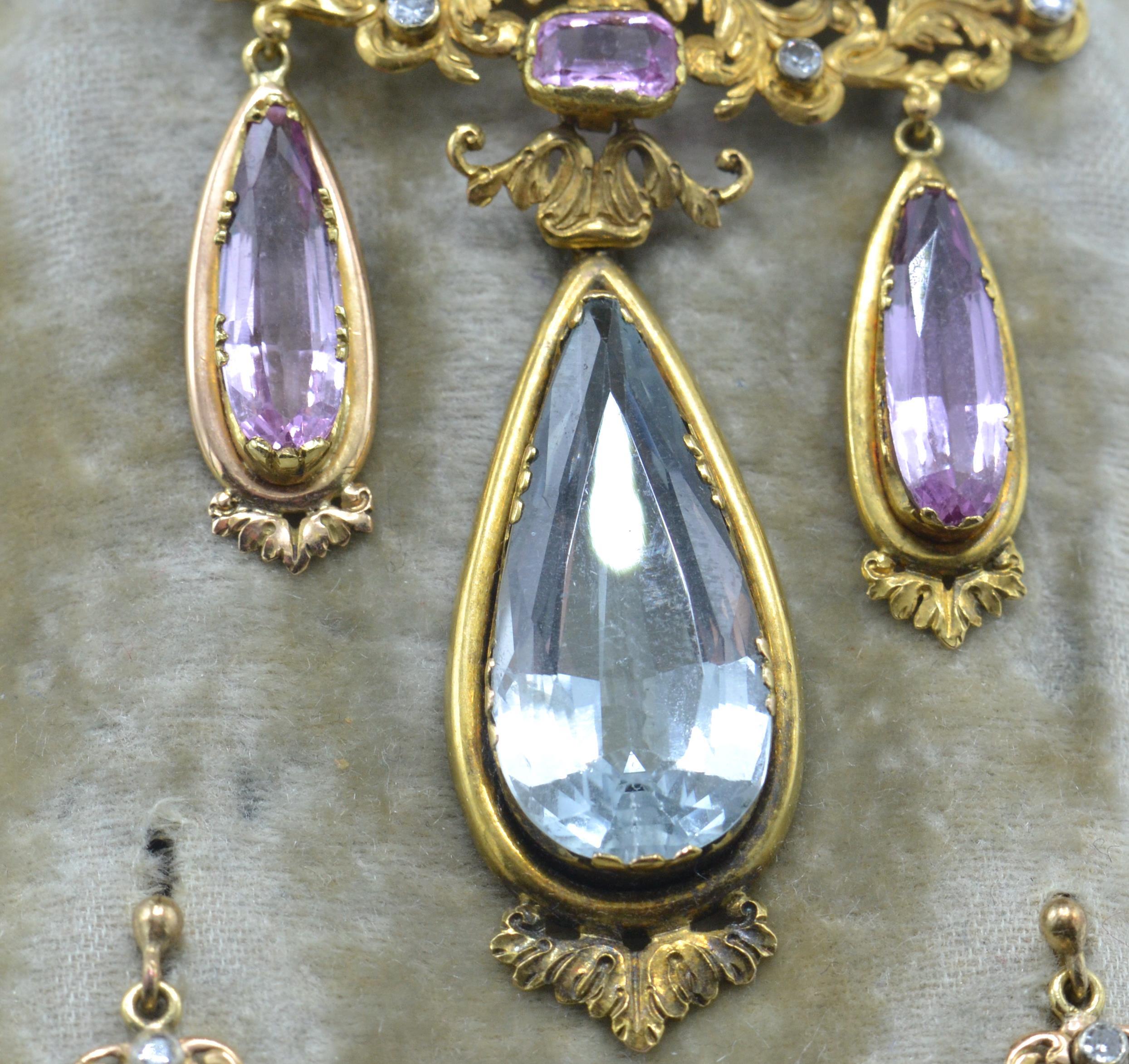 A cased 19th century gold, aquamarine, pink topaz and diamond brooch and earring suite. - Image 4 of 9