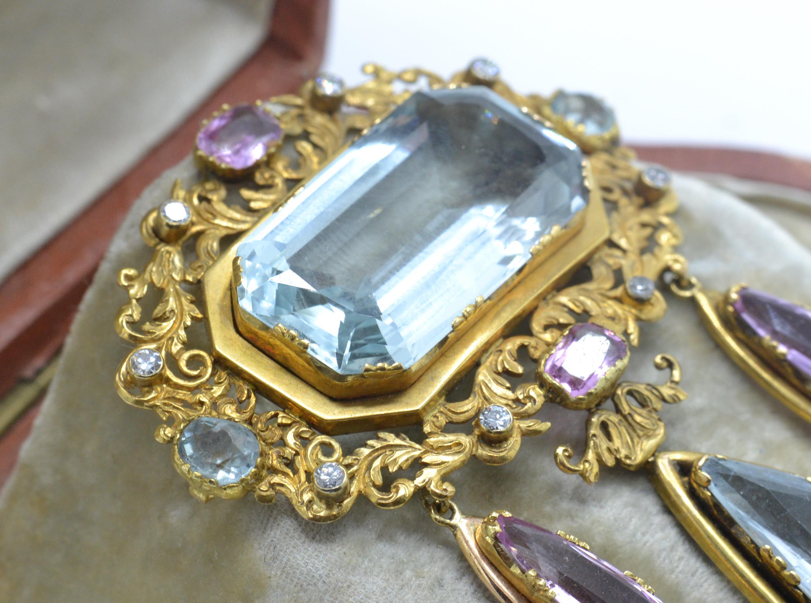 A cased 19th century gold, aquamarine, pink topaz and diamond brooch and earring suite. - Image 2 of 9