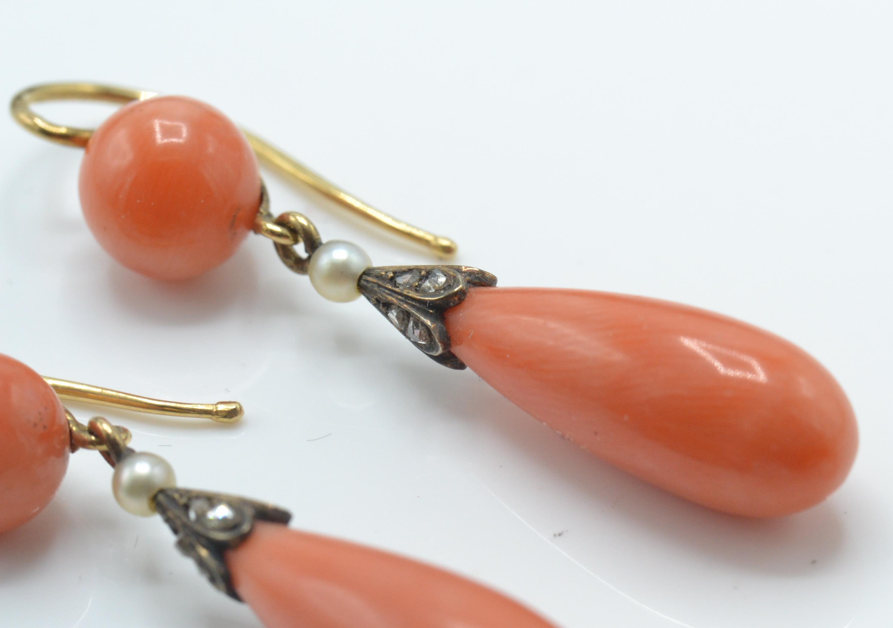 A pair of French 18ct gold precious coral, pearl and diamond earrings. - Image 3 of 7