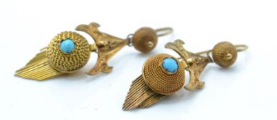 A pair of 19th century VIctorian 15ct gold and turquoise earrings