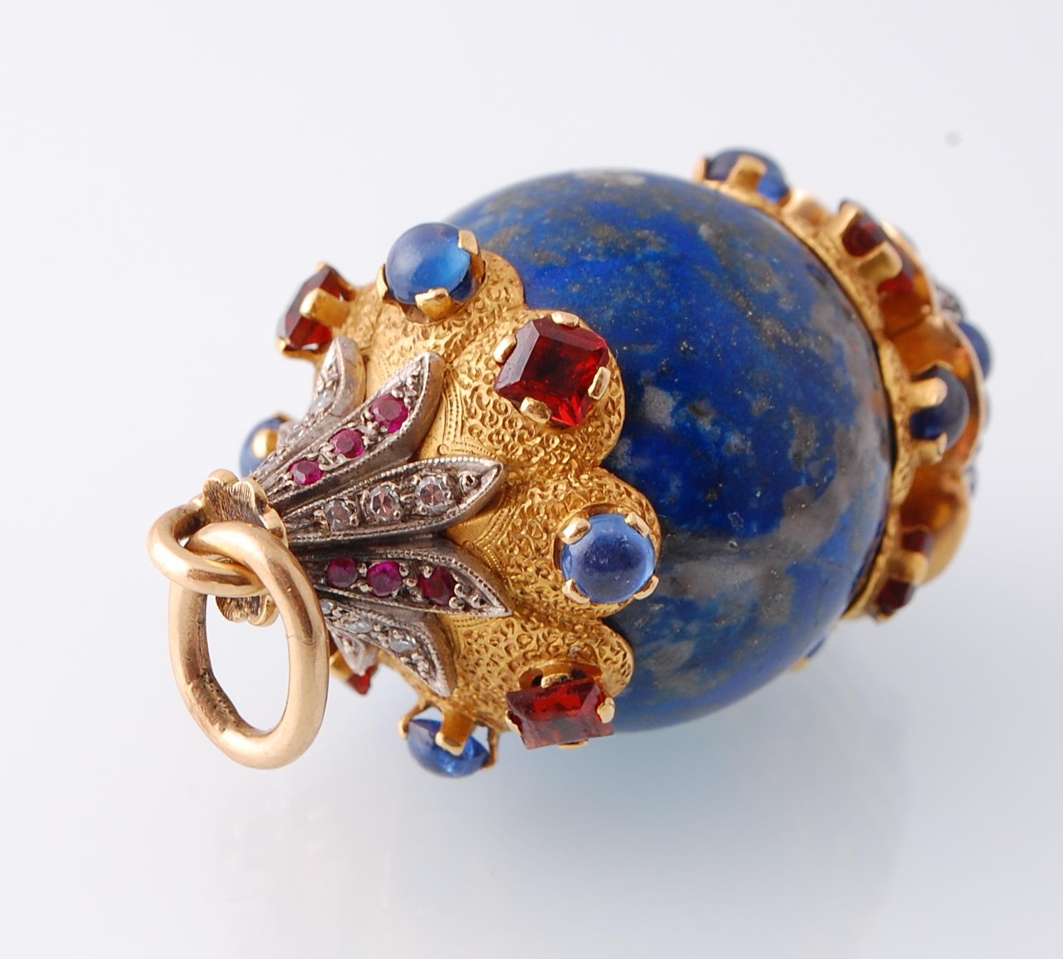A large gold and silver mounted lapis lazuli diamond sapphire and ruby pendant - Image 3 of 5