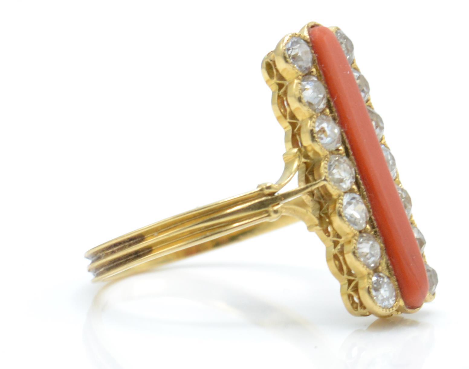 An 18ct gold 19th century coral and diamond ring. The ring having a central cabochon of coral - Image 3 of 4