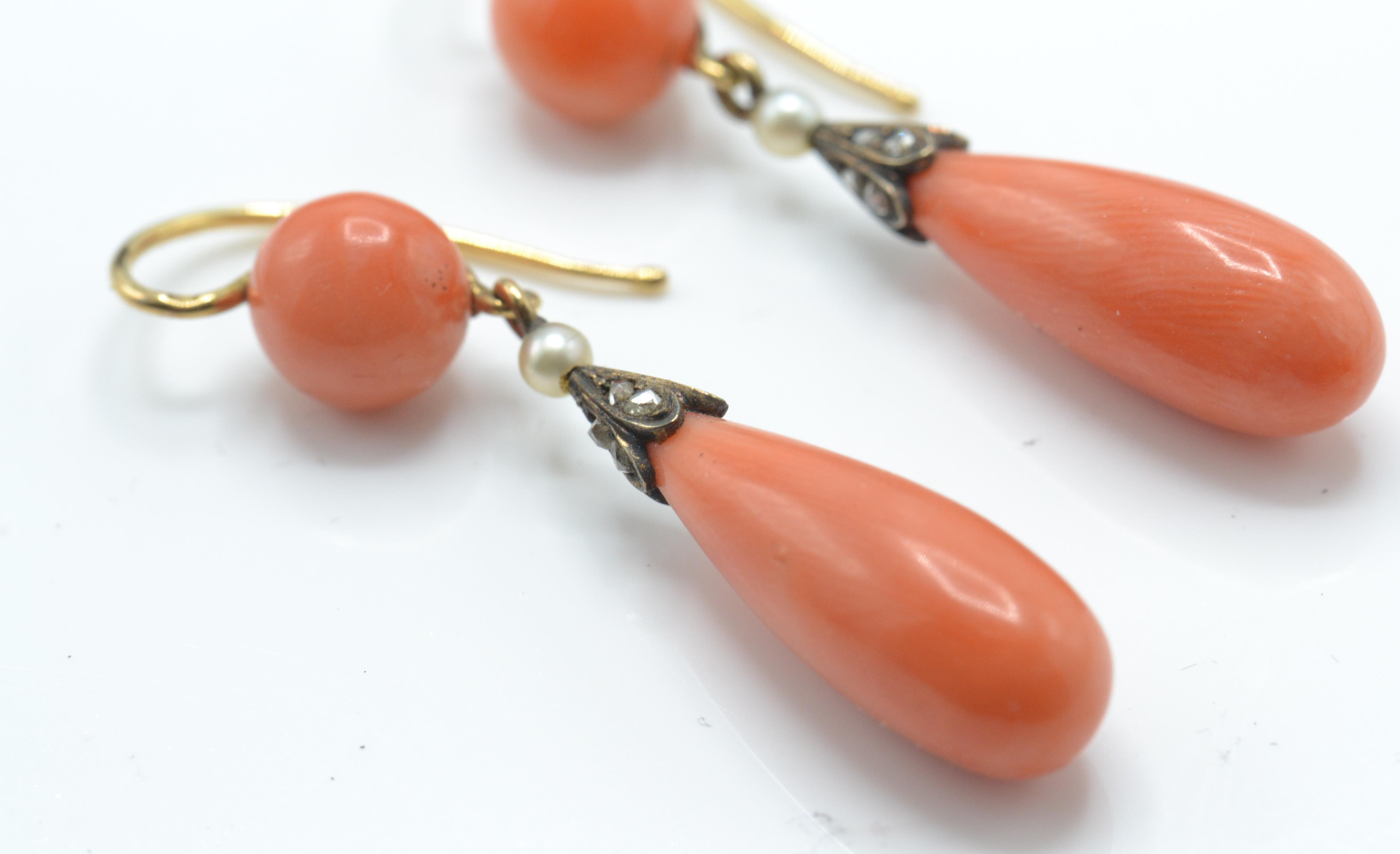 A pair of French 18ct gold precious coral, pearl and diamond earrings. - Image 2 of 7