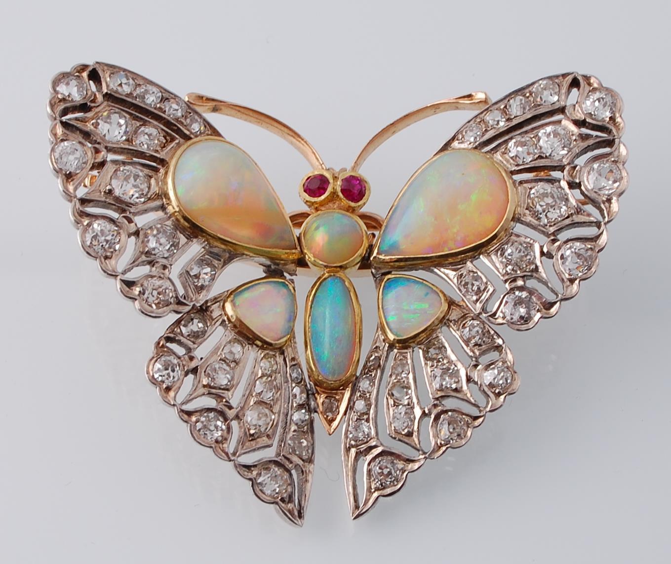 An Edwardian opal, ruby and diamond butterfly pendant brooch. - Image 3 of 8