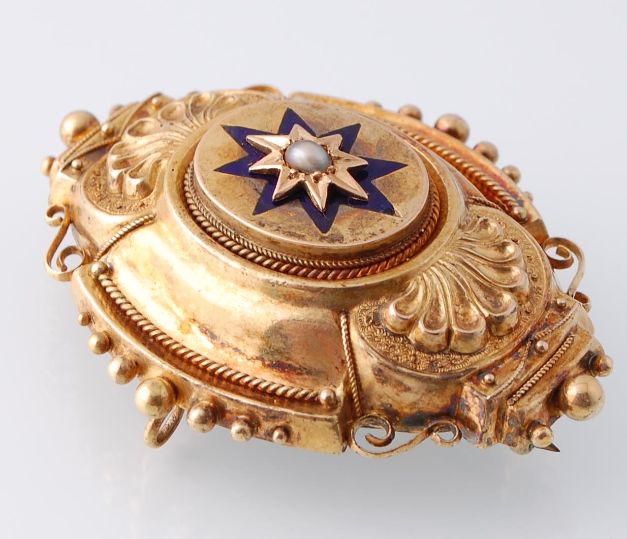 A Victorian Gold Enamel & Pearl Pendant Locket Bro - Image 3 of 4